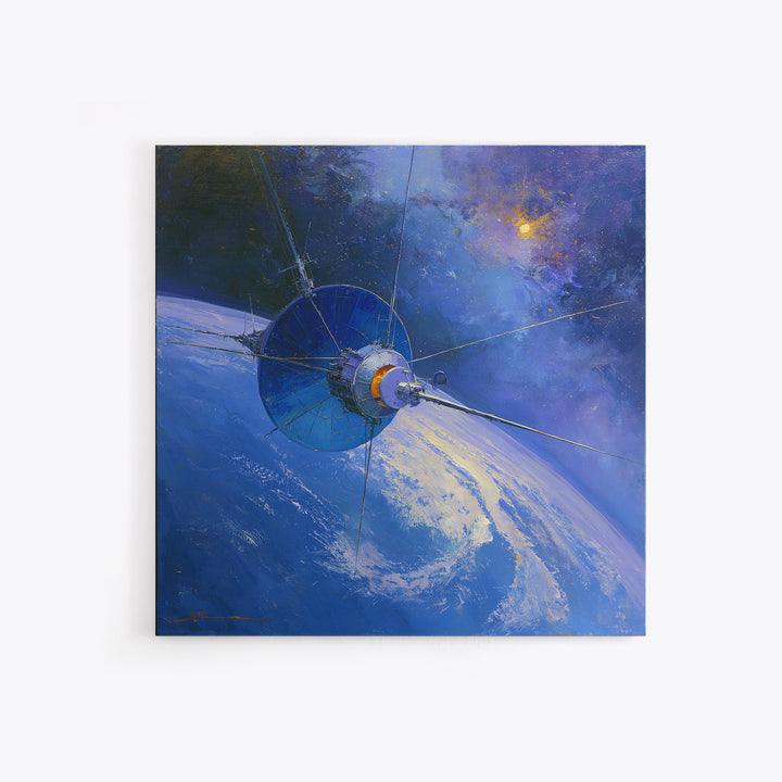 Satellite Orbiting Above Blue Planet Framed Canvas Print, Space Art, Retro Wall Art, Spa Decor, Abstract Art, Serenity, SAR-1x1-84