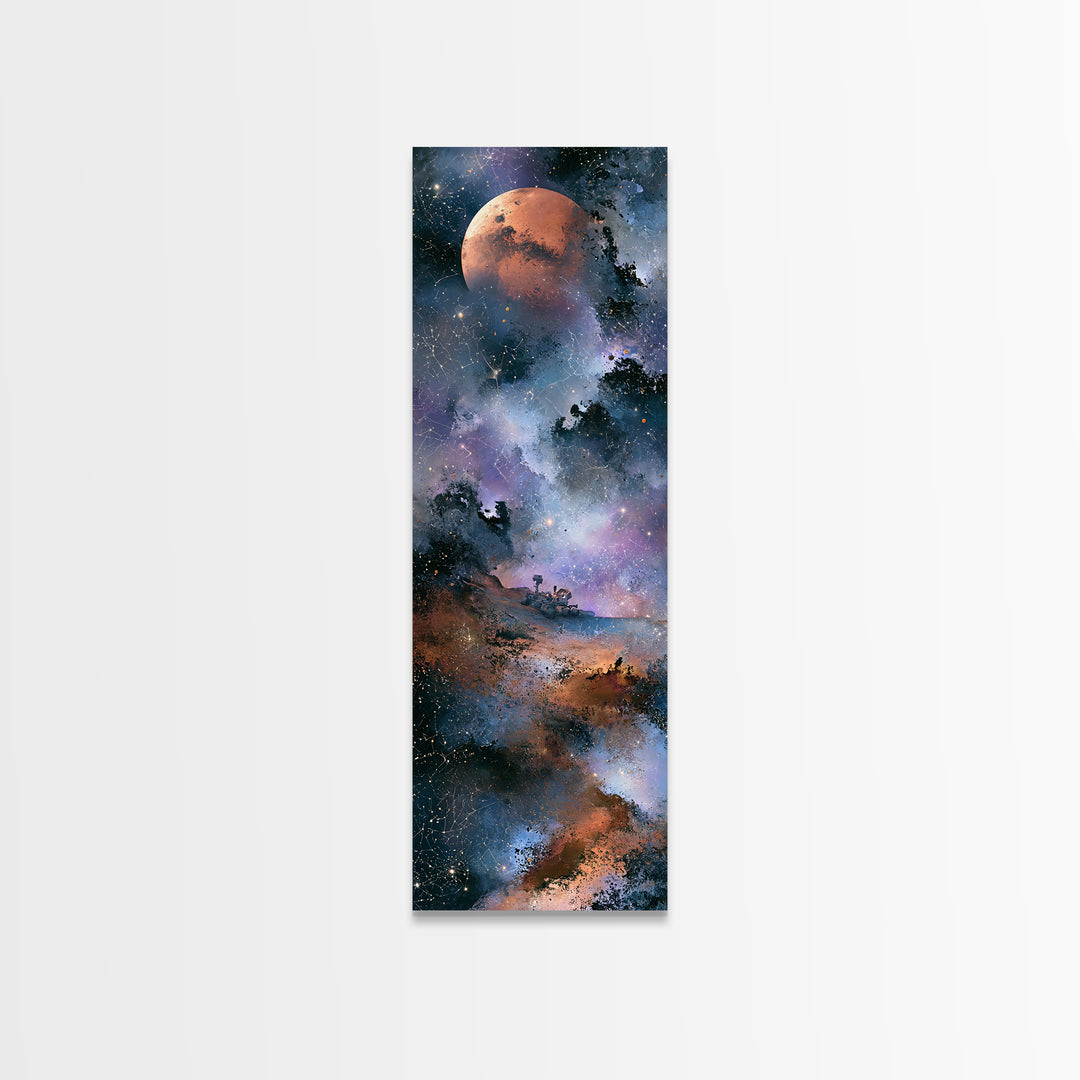Mars Landscape with Tiny Rover Silhouette Framed Canvas Print, Space Art, Room Decor, Spa Decor, Serenity, Printable Art, SAR-1x3-45