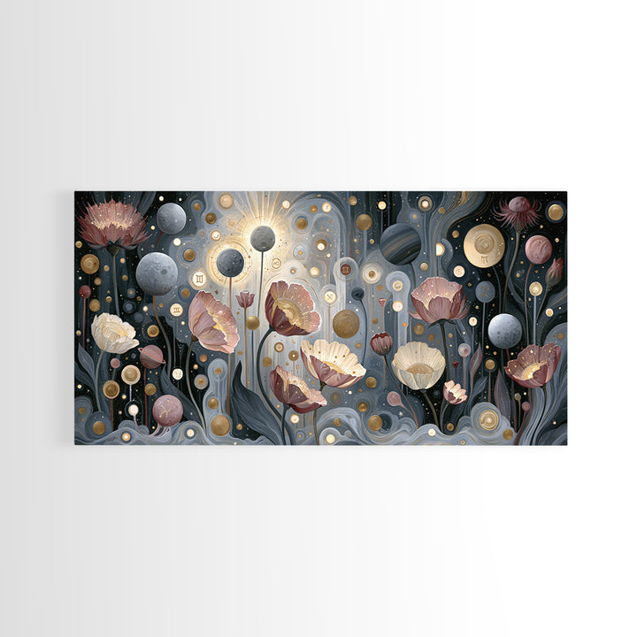 Cosmic Garden with Planets as Flowers Framed Canvas Print, Space Art, Digital Art, Spa Decor, Watercolor Art, Serenity, SAR-2x1-33