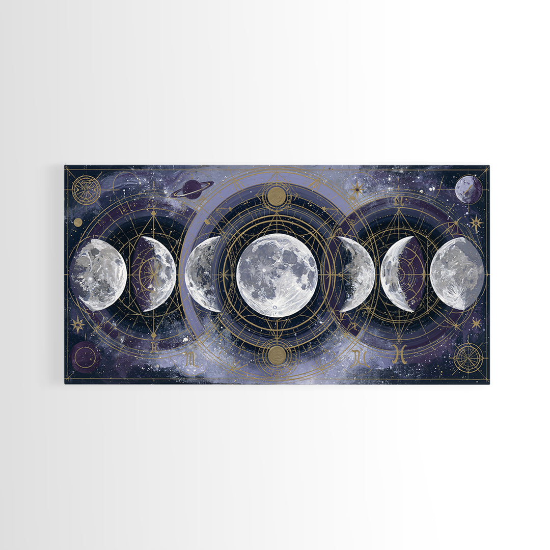Moon Phases in Elegant Monochrome Framed Canvas Print, Space Art, Printable Wall Art, Spa Decor, Serenity, Retro Wall Art, SAR-2x1-37