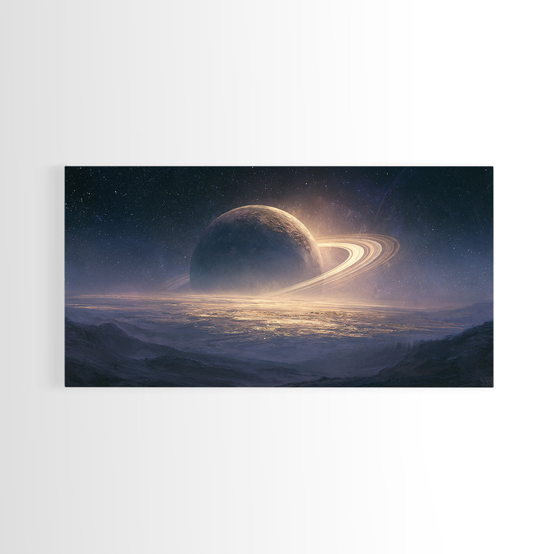 Ringed Planet Rising Framed Canvas Print, Space Art, Posters, Spa Decor, Fine Art, Serenity, Abstract Art, Printable Art, SAR-2x1-46