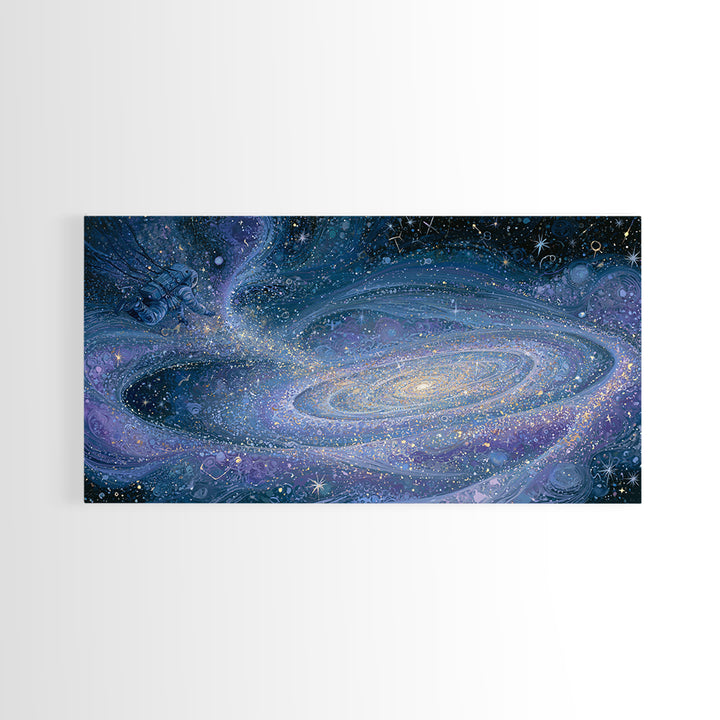 Astronaut Floating Near a Glowing Galaxy Canvas Print, Space Art, Spa Decor, Oil Painting, Serenity, Minimalist Wall Art, SAR-2x1-47