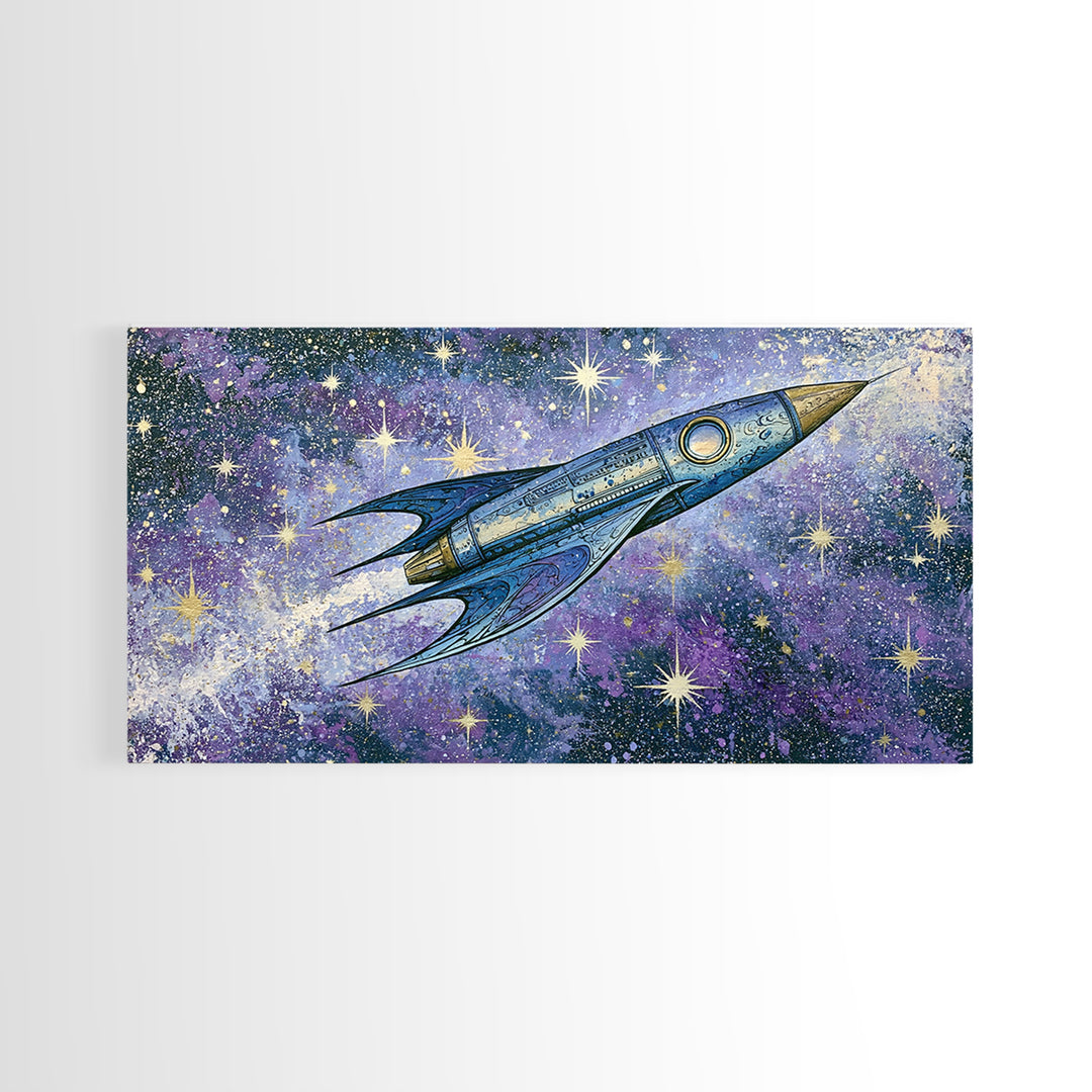 Rocket Ship Crossing a Retro Star Field Canvas Print, Space Art, Art Prints, Spa Decor, Fine Art, Serenity, Abstract Wall Art, SAR-2x1-54
