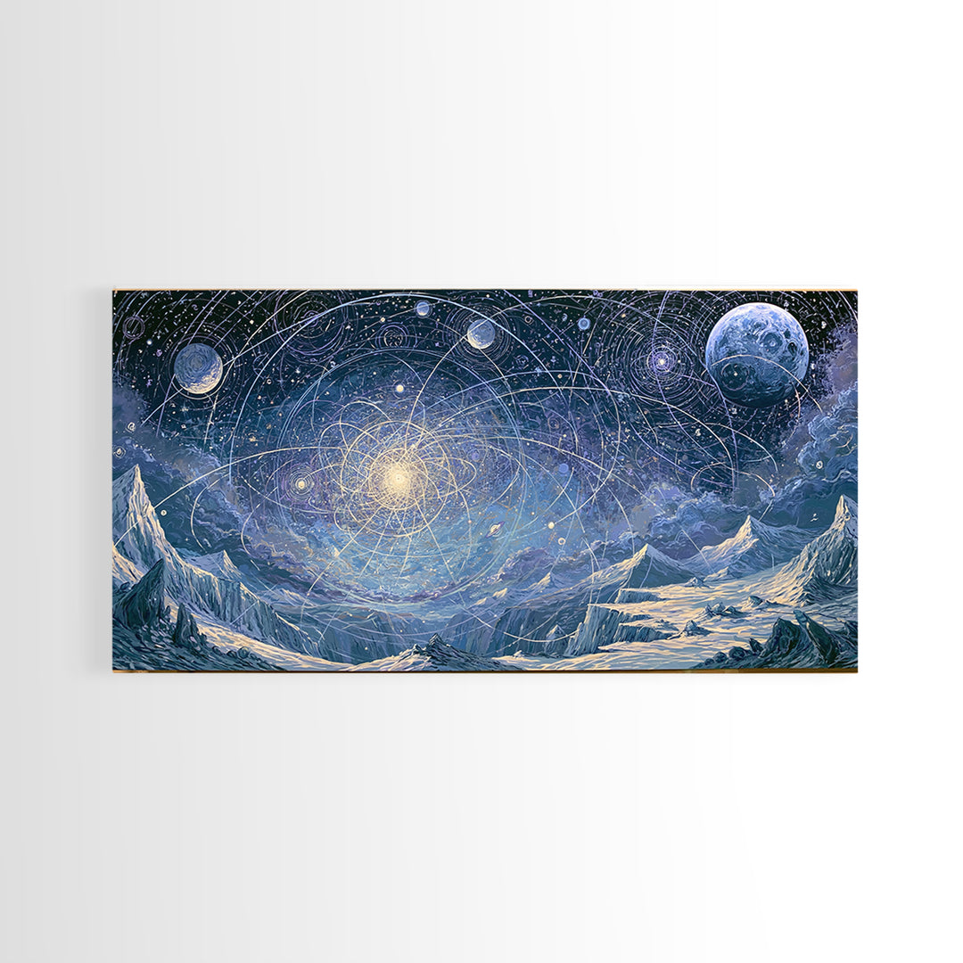 Alien Moonrise over Icy Cliffs Framed Canvas Print, Space Art, Printable Wall Art, Spa Decor, Oil Painting, Serenity, SAR-2x1-90
