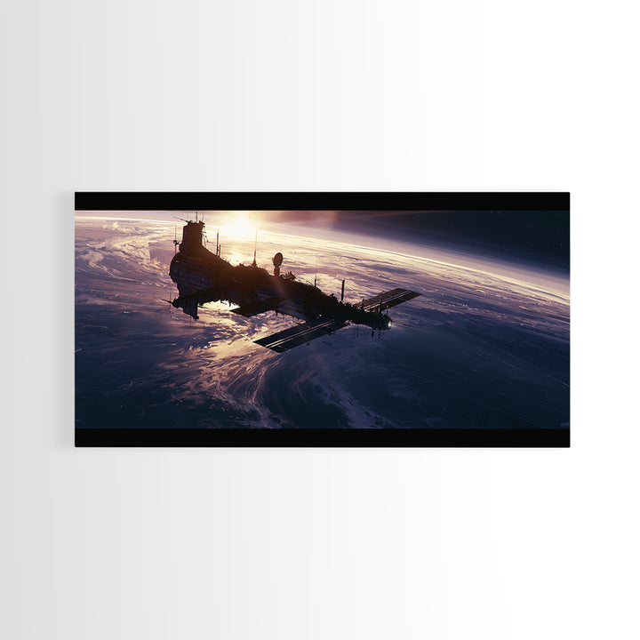 Space Station Silhouetted by Sunrise Framed Canvas Print, Space Art, Digital Wall Art, Spa Decor, Oil Painting, Serenity, SAR-2x1-92