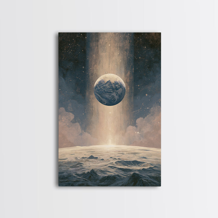 Moon Surface with Earth Hanging Above Framed Canvas Print, Space Art, Canvas Wall Art, Spa Decor, Fine Art, Serenity, SAR-2x3-37