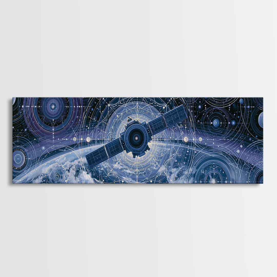 Satellite Orbiting Above Blue Planet Canvas Print, Space Art, Painting, Spa Decor, Abstract Art, Serenity, Canvas Wall Art, SAR-3x1-100