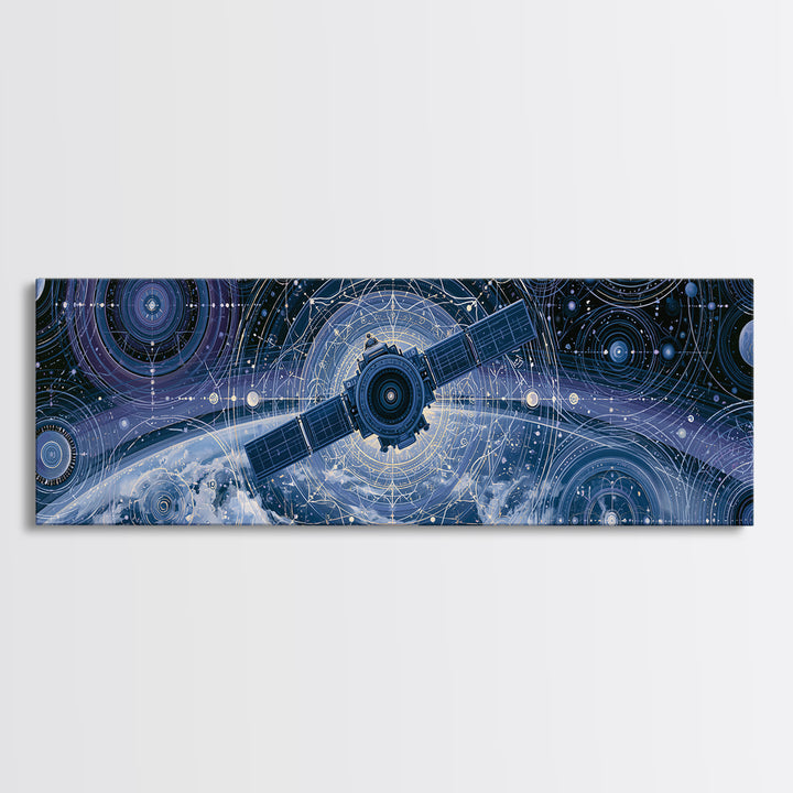 Satellite Orbiting Above Blue Planet Canvas Print, Space Art, Painting, Spa Decor, Abstract Art, Serenity, Canvas Wall Art, SAR-3x1-100