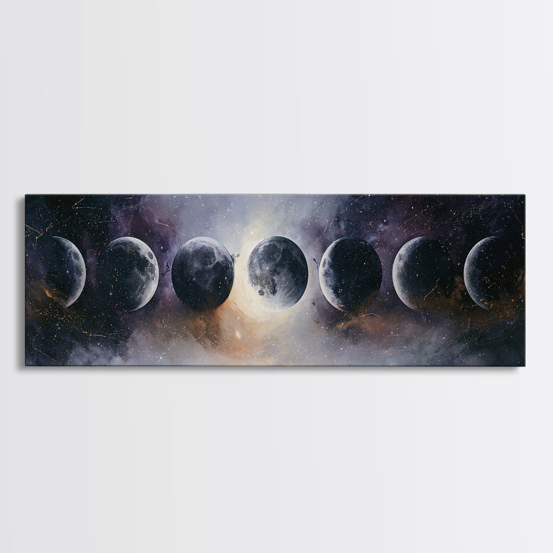 Moon Phases in Elegant Monochrome Framed Canvas Print, Space Art, Statement Artwork, Spa Decor, Fine Art, Serenity, Wall Decor, SAR-3x1-57