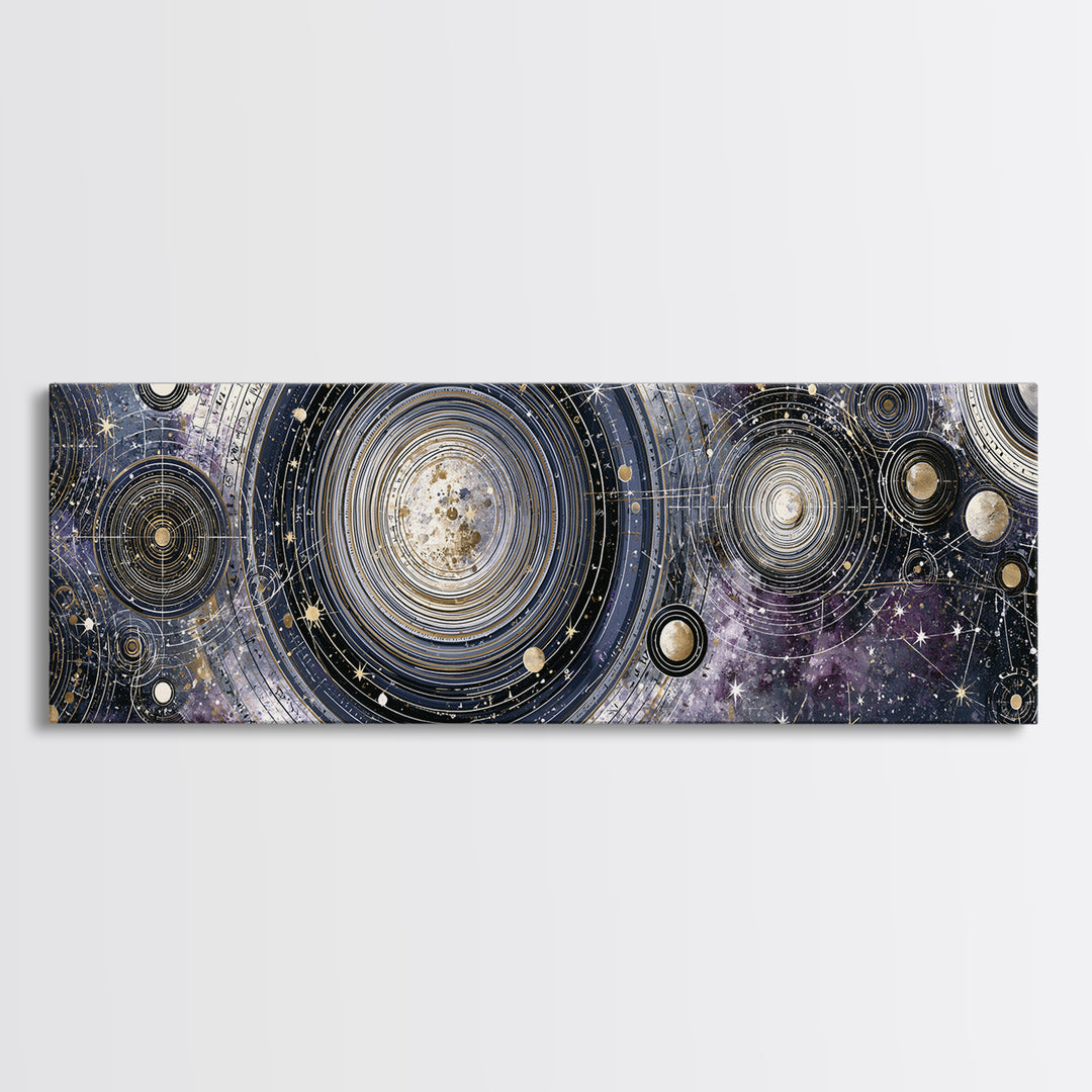 Solar System Arrangement Canvas Print, Space Art, Spa Decor, Oil Painting, Serenity, Abstract Wall Art, Modern Wall Art, SAR-3x1-92