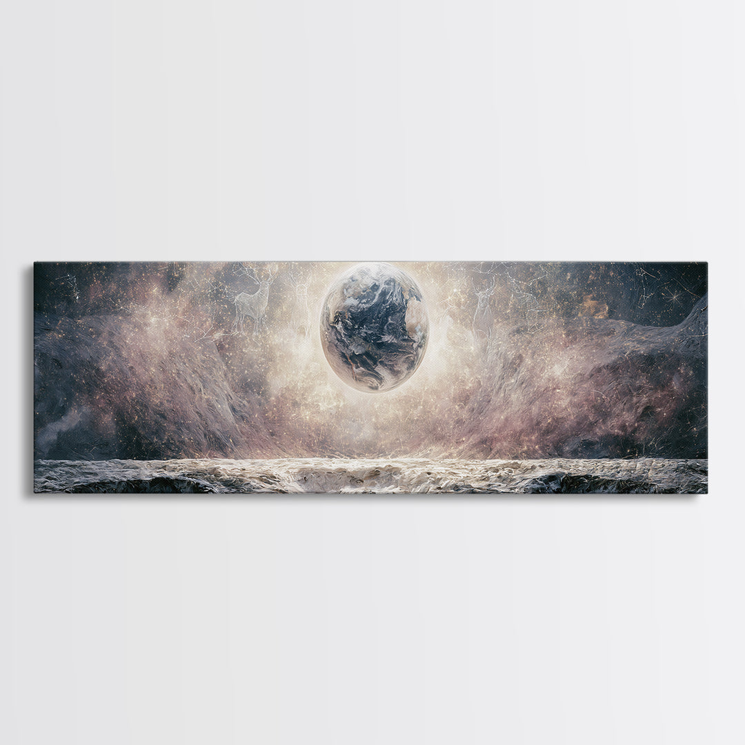 Moon Surface with Earth Hanging Above Canvas Print, Space Art, Home Decor, Spa Decor, Fine Art, Serenity, Wall Art Prints, SAR-3x1-93