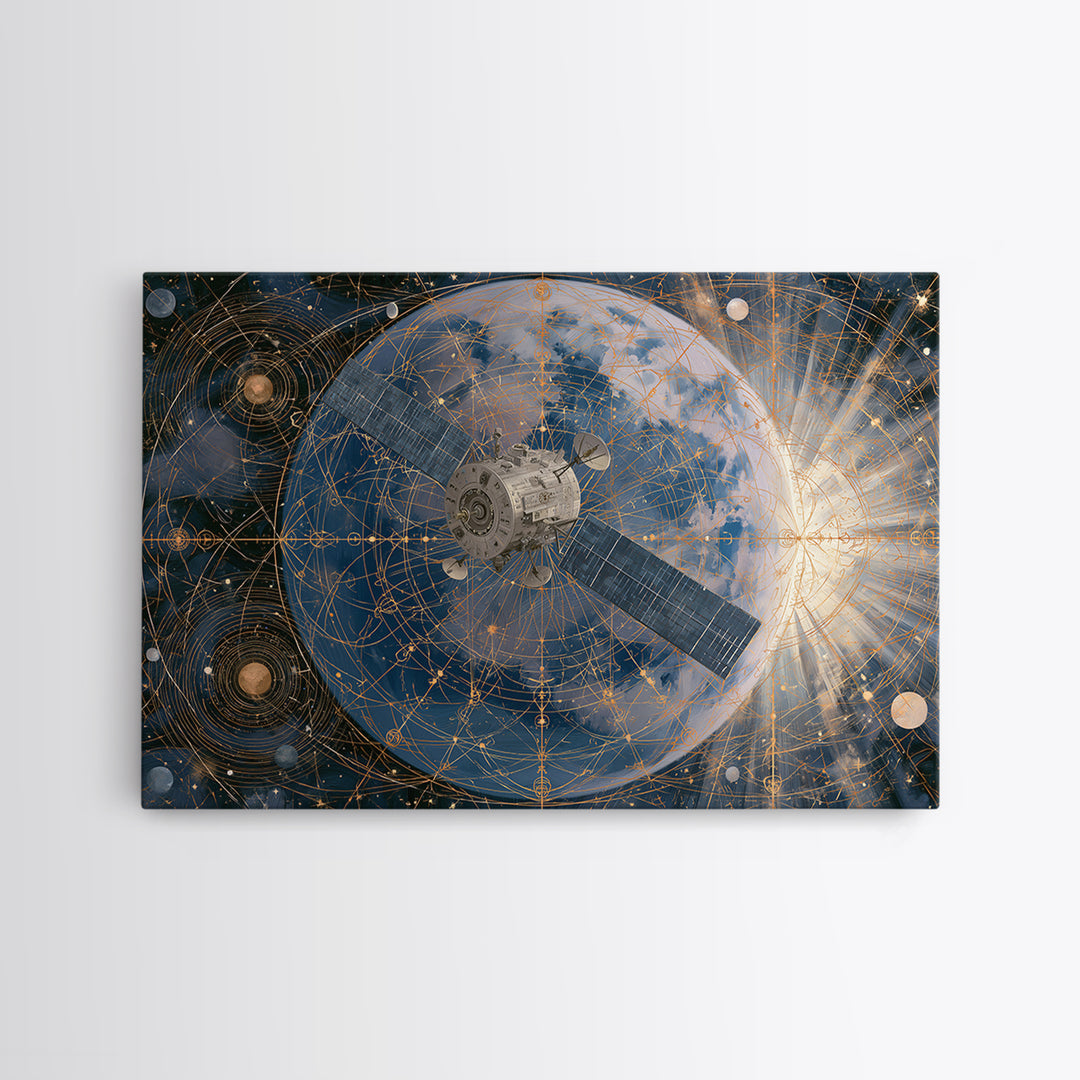 Satellite Orbiting Above Blue Planet Framed Canvas Print, Space Art, Textured Painting, Spa Decor, Oil Painting, Serenity, SAR-3x2-40