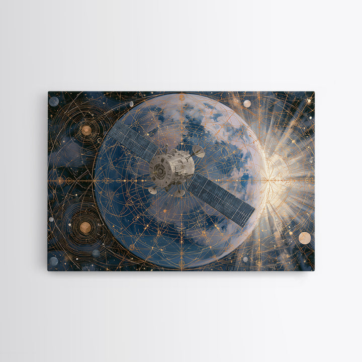 Satellite Orbiting Above Blue Planet Framed Canvas Print, Space Art, Textured Painting, Spa Decor, Oil Painting, Serenity, SAR-3x2-40