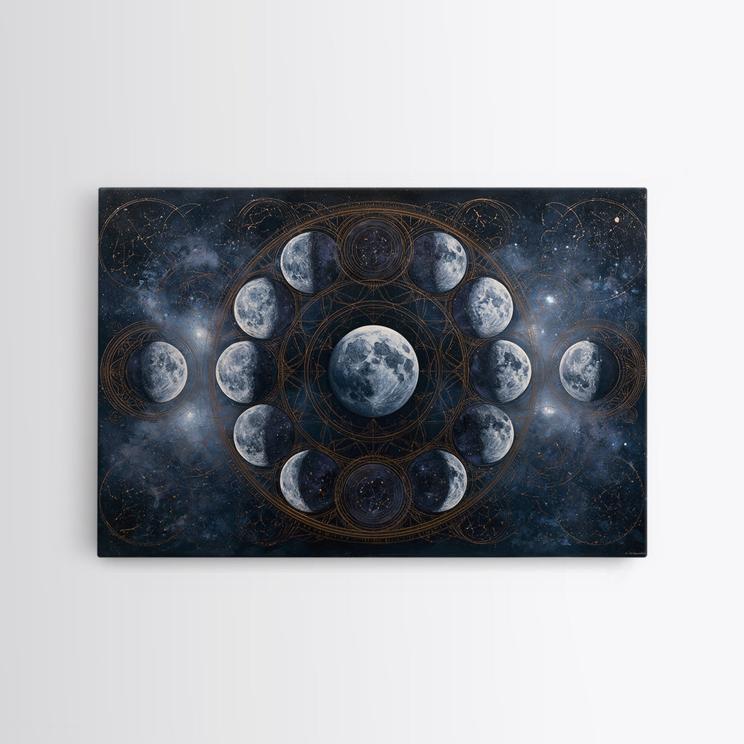 Moon Phases in Elegant Monochrome Framed Canvas Print, Space Art, Textured Painting, Spa Decor, Fine Art, Serenity, Art Prints, SAR-3x2-45
