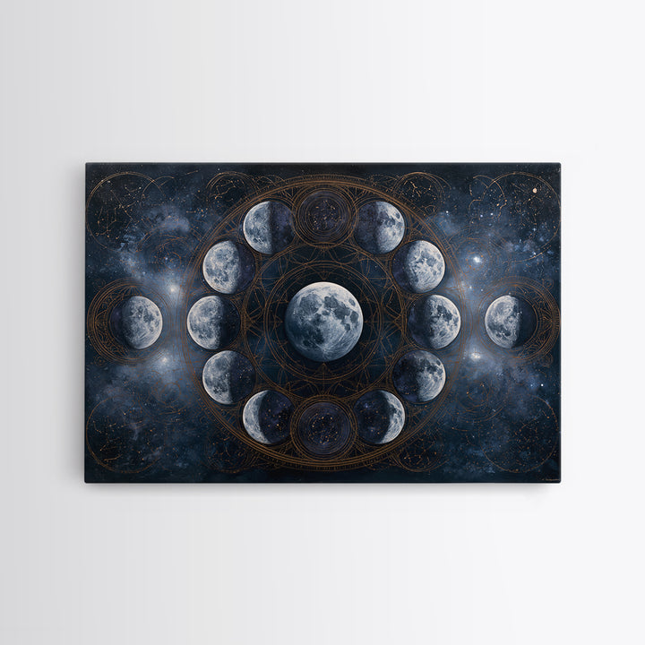 Moon Phases in Elegant Monochrome Framed Canvas Print, Space Art, Textured Painting, Spa Decor, Fine Art, Serenity, Art Prints, SAR-3x2-45