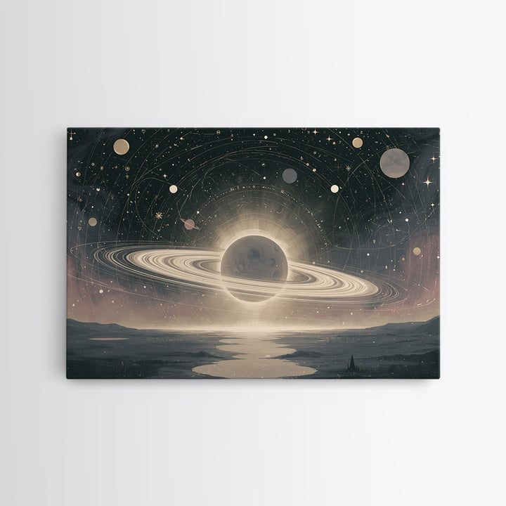 Ringed Planet Rising Framed Canvas Print, Space Art, Space, Spa Decor, Fine Art, Serenity, Statement Artwork, Boho Decor, SAR-3x2-6