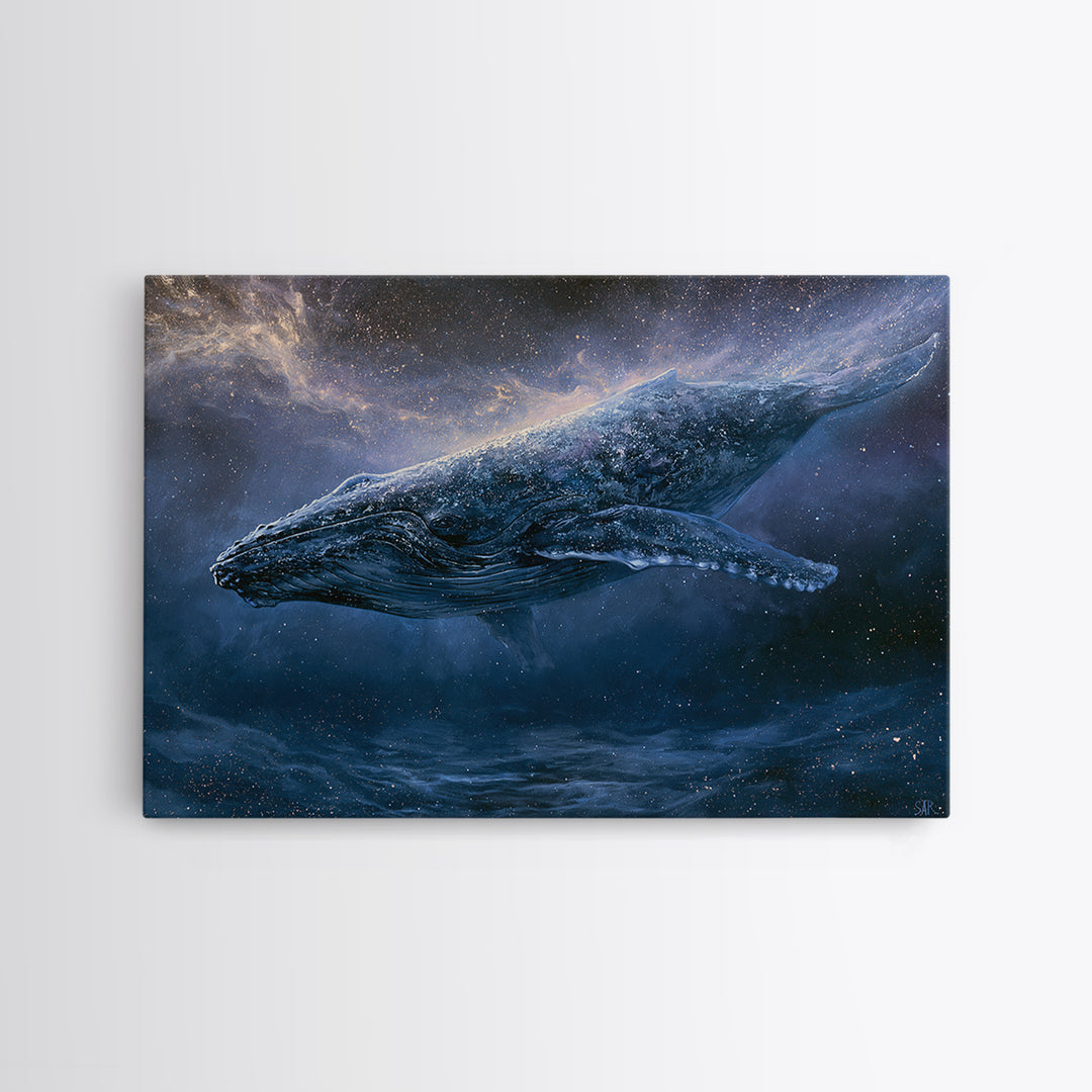 Space Whale Swimming Through Star Dust Framed Canvas Print, Space Art, Posters, Spa Decor, Fine Art, Serenity, Abstract Art, SAR-3x2-60