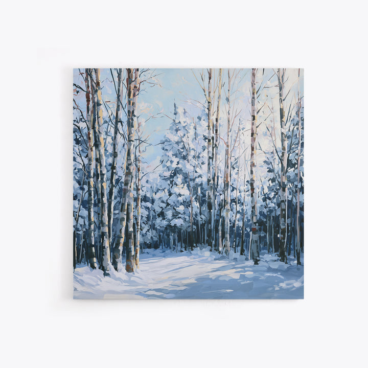 Snowy Nordic Forest Framed Canvas Print, Scandinavian Art, Textured Painting, Living Room Decor, Nordic, Christmas Decor, SCA-1x1-1