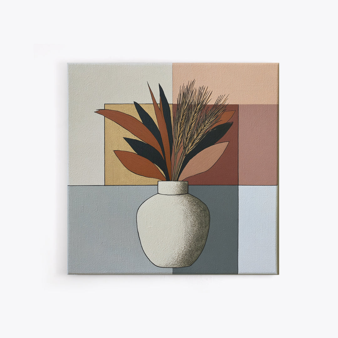 Ceramic Vase with Dried Grasses Framed Canvas Print, Scandinavian Art, Living Room Decor, Oil Painting, Nordic, SCA-1x1-37