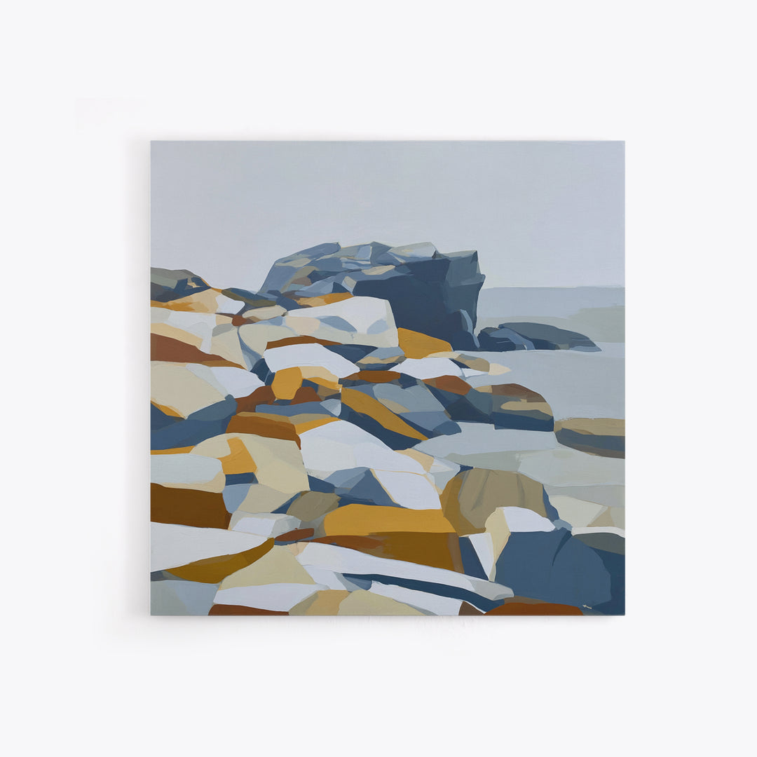 Quiet Coastal Rocks and Gray Sea Framed Canvas Print, Scandinavian Art, Living Room Decor, Fine Art, Nordic, Gallery Decor, SCA-1x1-47