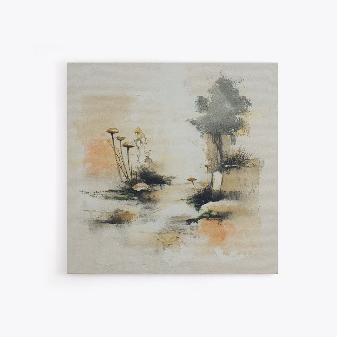 Simple Mushroom and Moss Forest Study Framed Canvas Print, Scandinavian Art, Decor, Living Room Decor, Oil Painting, Nordic, SCA-1x1-48