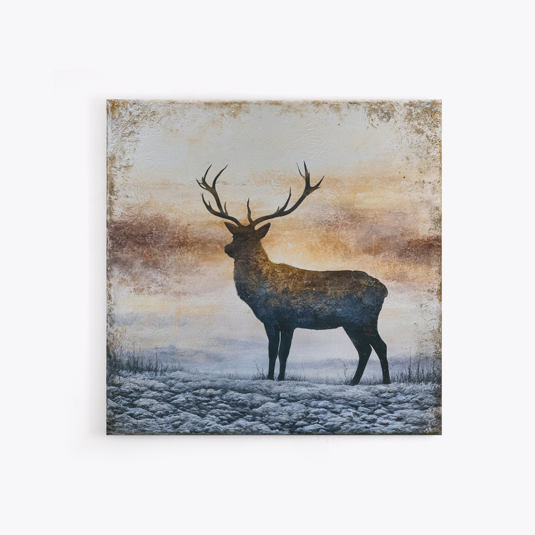 Reindeer Silhouette in Snowy Landscape Framed Canvas Print, Scandinavian Art, Abstract Painting, Living Room Decor, Nordic, SCA-1x1-6