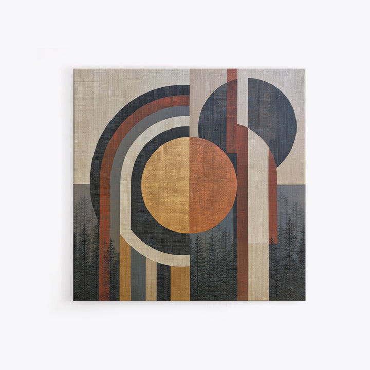Minimal Sun over Pine Forest Framed Canvas Print, Scandinavian Art, Wall Art, Living Room Decor, Oil Painting, Nordic, SCA-1x1-65