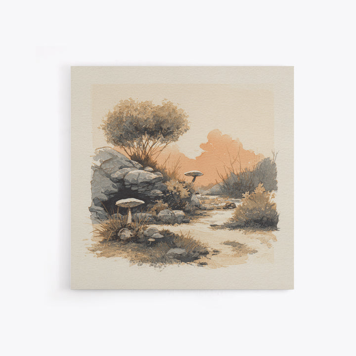 Simple Mushroom and Moss Forest Study Framed Canvas Print, Scandinavian Art, Abstract Painting, Living Room Decor, Nordic, SCA-1x1-72