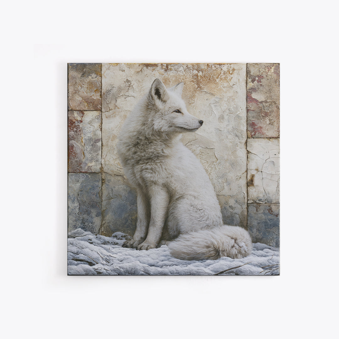 White Fox in Quiet Snow Framed Canvas Print, Scandinavian Art, Living Room Wall Art, Living Room Decor, Abstract Art, Nordic, SCA-1x1-84