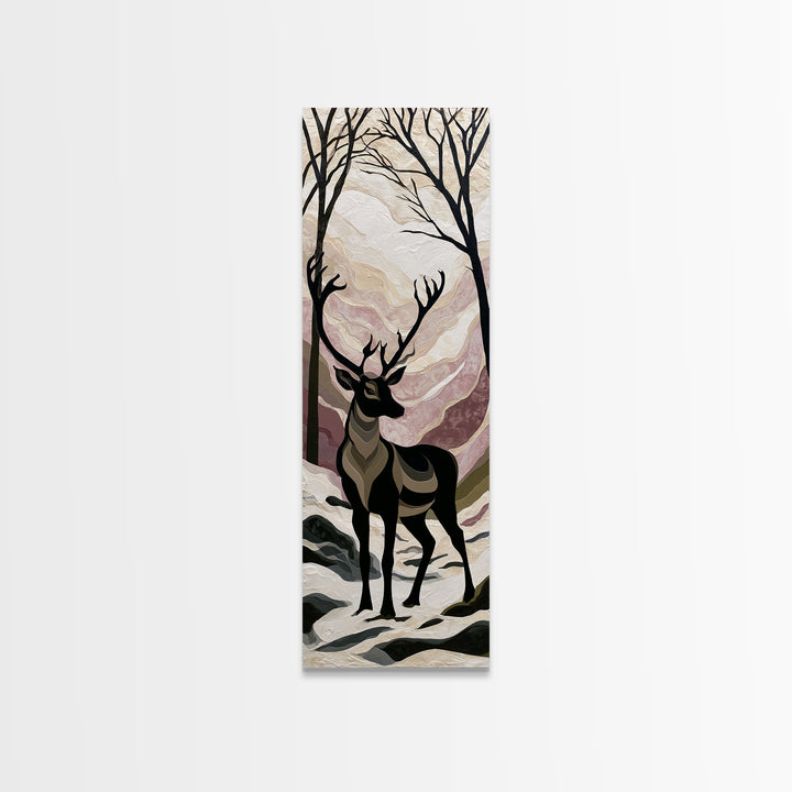Reindeer Silhouette in Snowy Landscape Canvas Print, Scandinavian Art, Luxury Decor, Living Room Decor, Oil Painting, Nordic, SCA-1x3-18