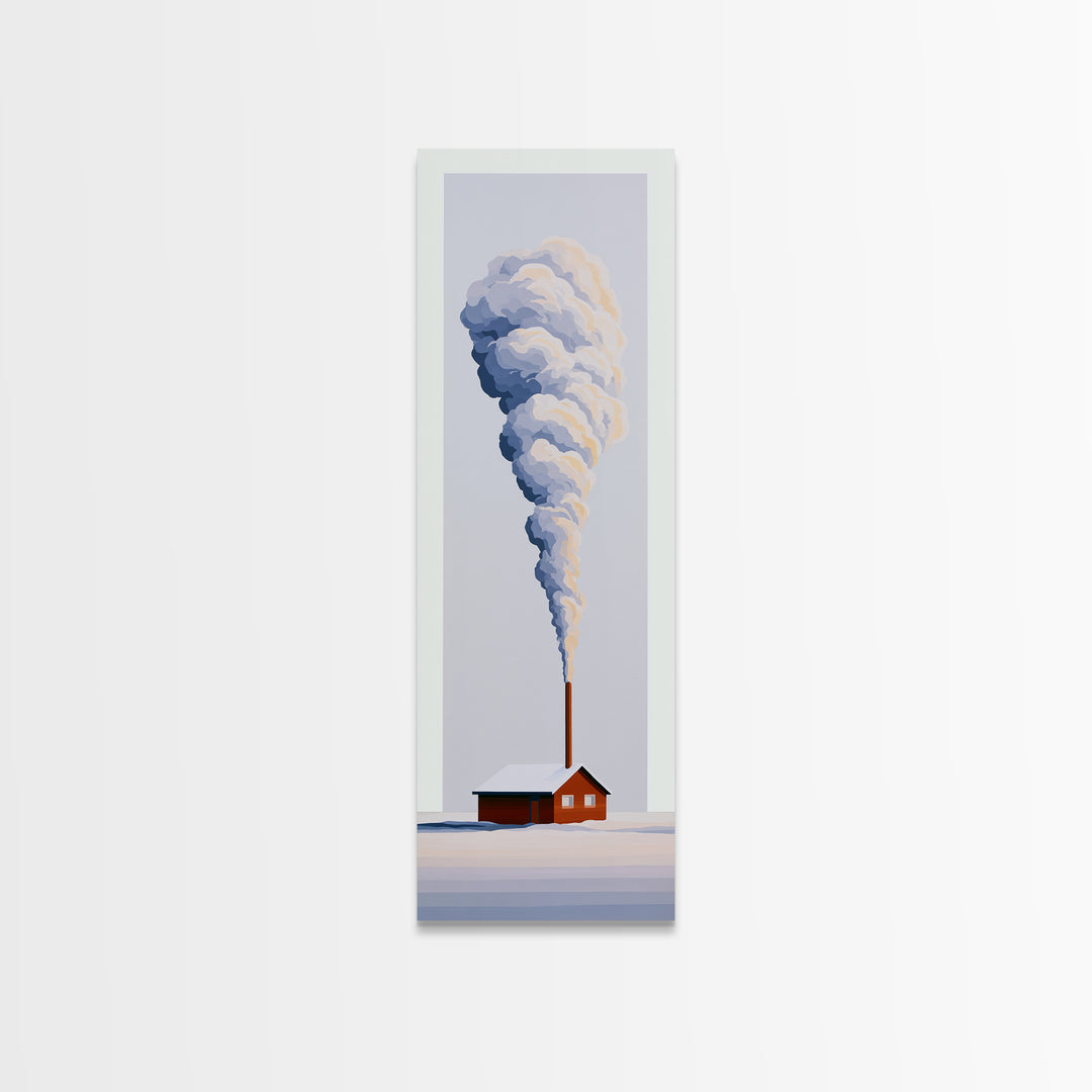 Winter Cabin Smoke Framed Canvas Print, Scandinavian Art, Fine Art Print, Living Room Decor, Oil Painting, Nordic, Printable, SCA-1x3-54