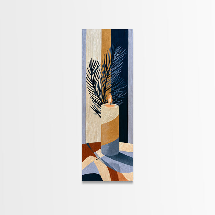 Hygge Candle and Pine Branch Still Life Canvas Print, Scandinavian Art, Abstract Painting, Living Room Decor, Nordic, SCA-1x3-64