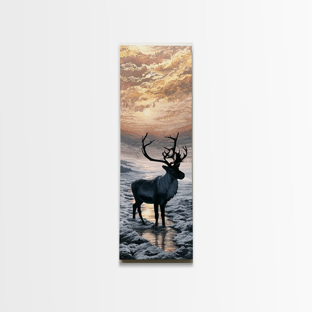 Reindeer Silhouette in Snowy Landscape Framed Canvas Print, Scandinavian Art, Wall Art, Living Room Decor, Fine Art, Nordic, SCA-1x3-66