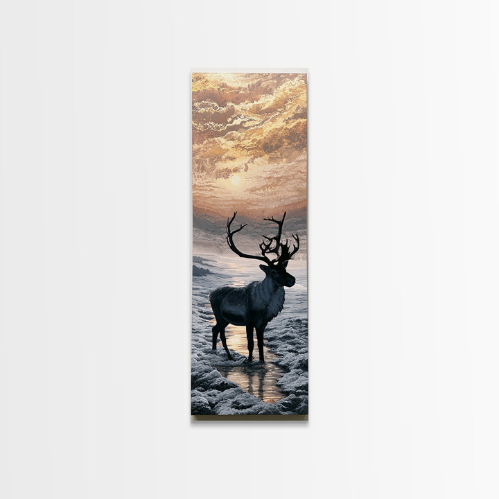 Reindeer Silhouette in Snowy Landscape Framed Canvas Print, Scandinavian Art, Wall Art, Living Room Decor, Fine Art, Nordic, SCA-1x3-66
