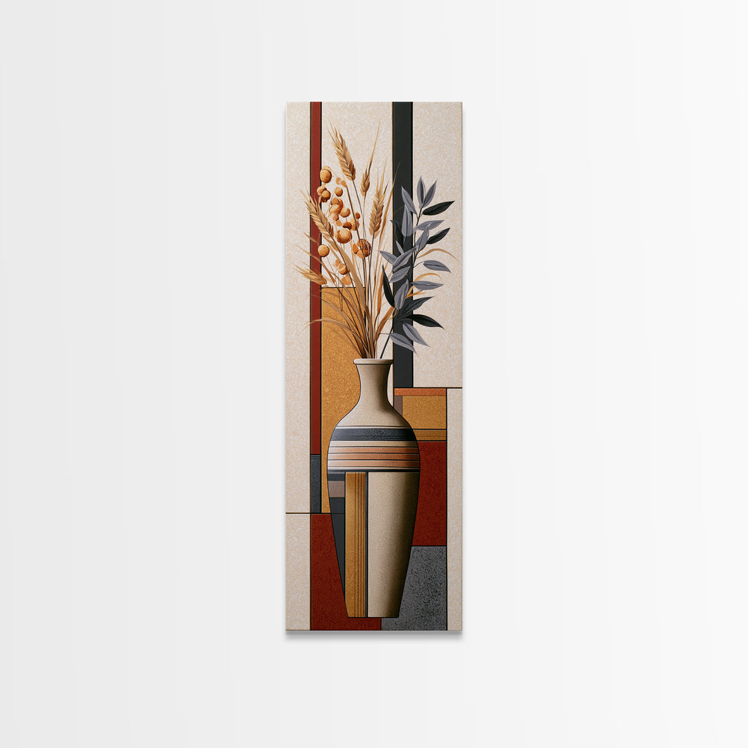 Ceramic Vase with Dried Grasses Canvas Print, Scandinavian Art, Living Room Decor, Oil Painting, Nordic, Wall Hanging, SCA-1x3-97