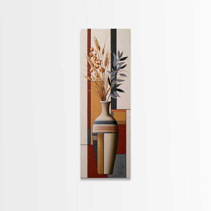 Ceramic Vase with Dried Grasses Canvas Print, Scandinavian Art, Living Room Decor, Oil Painting, Nordic, Wall Hanging, SCA-1x3-97