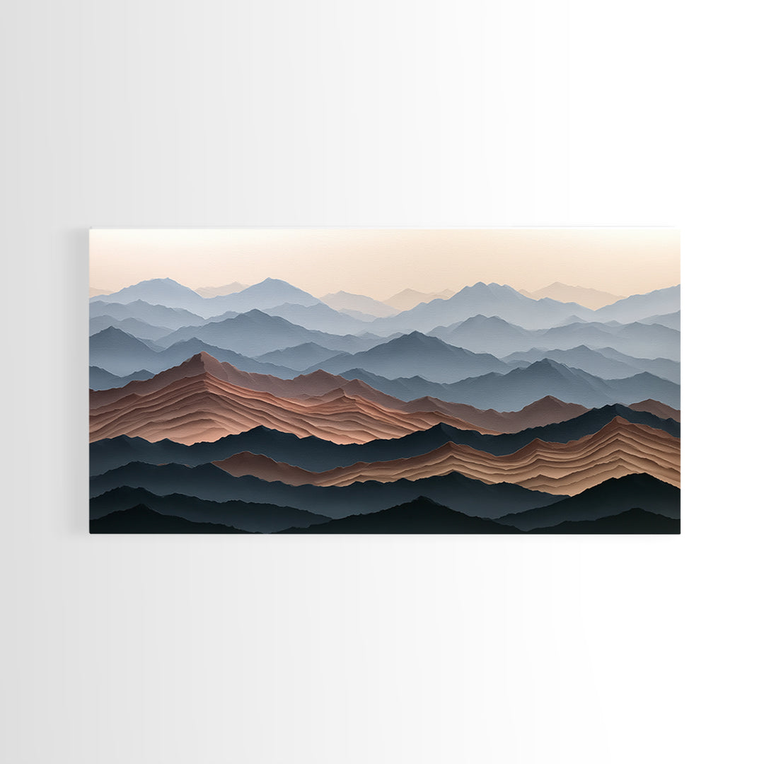 Muted Mountain Layers Framed Canvas Print, Scandinavian Art, Boho Wall Decor, Living Room Decor, Oil Painting, Nordic, SCA-2x1-100