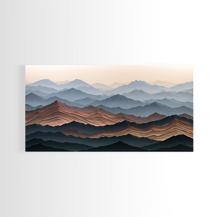 Muted Mountain Layers Framed Canvas Print, Scandinavian Art, Boho Wall Decor, Living Room Decor, Oil Painting, Nordic, SCA-2x1-100
