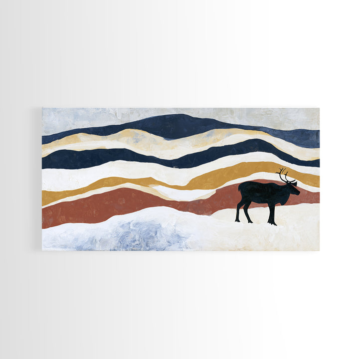 Reindeer Silhouette in Snowy Landscape Canvas Print, Scandinavian Art, Art, Living Room Decor, Fine Art, Nordic, Abstract Art, SCA-2x1-26