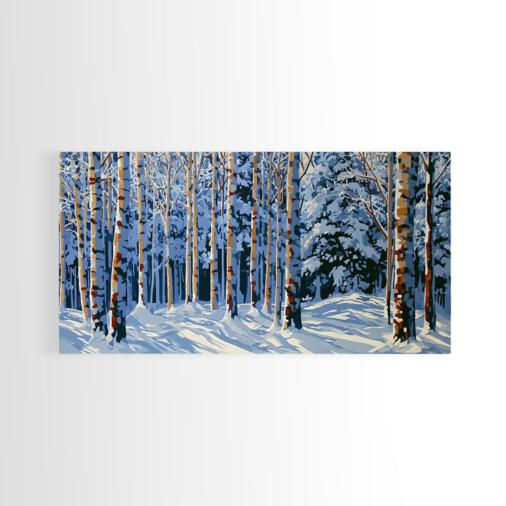 Snowy Nordic Forest Framed Canvas Print, Scandinavian Art, Abstract Wall Art, Living Room Decor, Oil Painting, Nordic, SCA-2x1-45