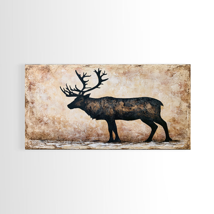 Reindeer Silhouette in Snowy Landscape Canvas Print, Scandinavian Art, Mid Century Modern, Living Room Decor, Nordic, SCA-2x1-50