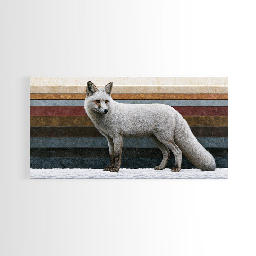White Fox in Quiet Snow Framed Canvas Print, Scandinavian Art, Printable Wall Art, Living Room Decor, Fine Art, Nordic, SCA-2x1-56