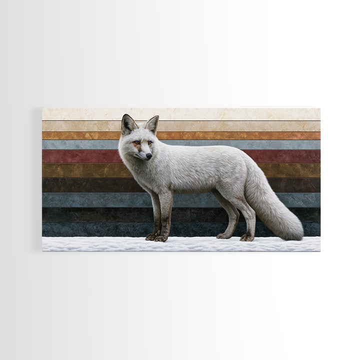 White Fox in Quiet Snow Framed Canvas Print, Scandinavian Art, Printable Wall Art, Living Room Decor, Fine Art, Nordic, SCA-2x1-56