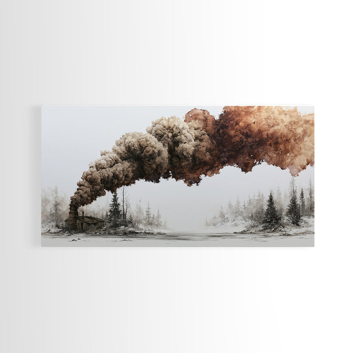 Winter Cabin Smoke Canvas Print, Scandinavian Art, Art Print, Living Room Decor, Oil Painting, Nordic, Farmhouse Decor, SCA-2x1-62