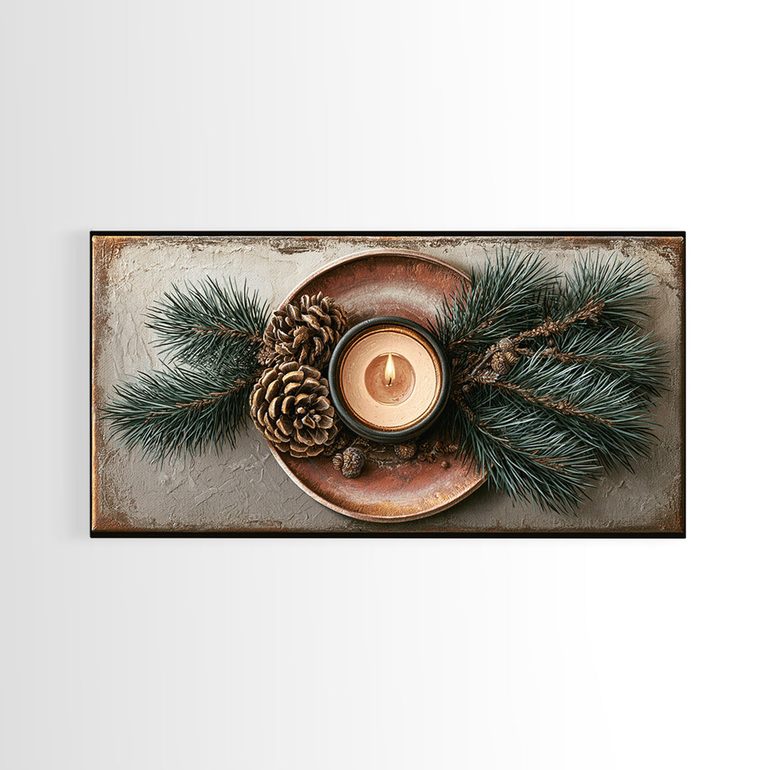 Hygge Candle and Pine Branch Still Life Framed Canvas Print, Scandinavian Art, Oil Painting, Living Room Decor, Watercolor Art, SCA-2x1-72