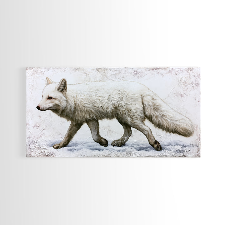 White Fox in Quiet Snow Framed Canvas Print, Scandinavian Art, Living Room Decor, Nordic, Gallery Decor, Neutral Decor, SCA-2x1-80