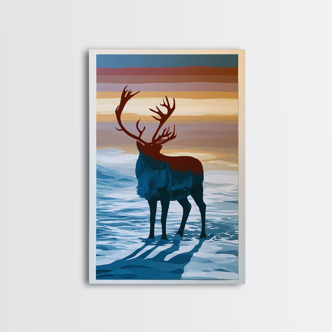 Reindeer Silhouette in Snowy Landscape Canvas Print, Scandinavian Art, Printable, Living Room Decor, Fine Art, Nordic, SCA-2x3-14