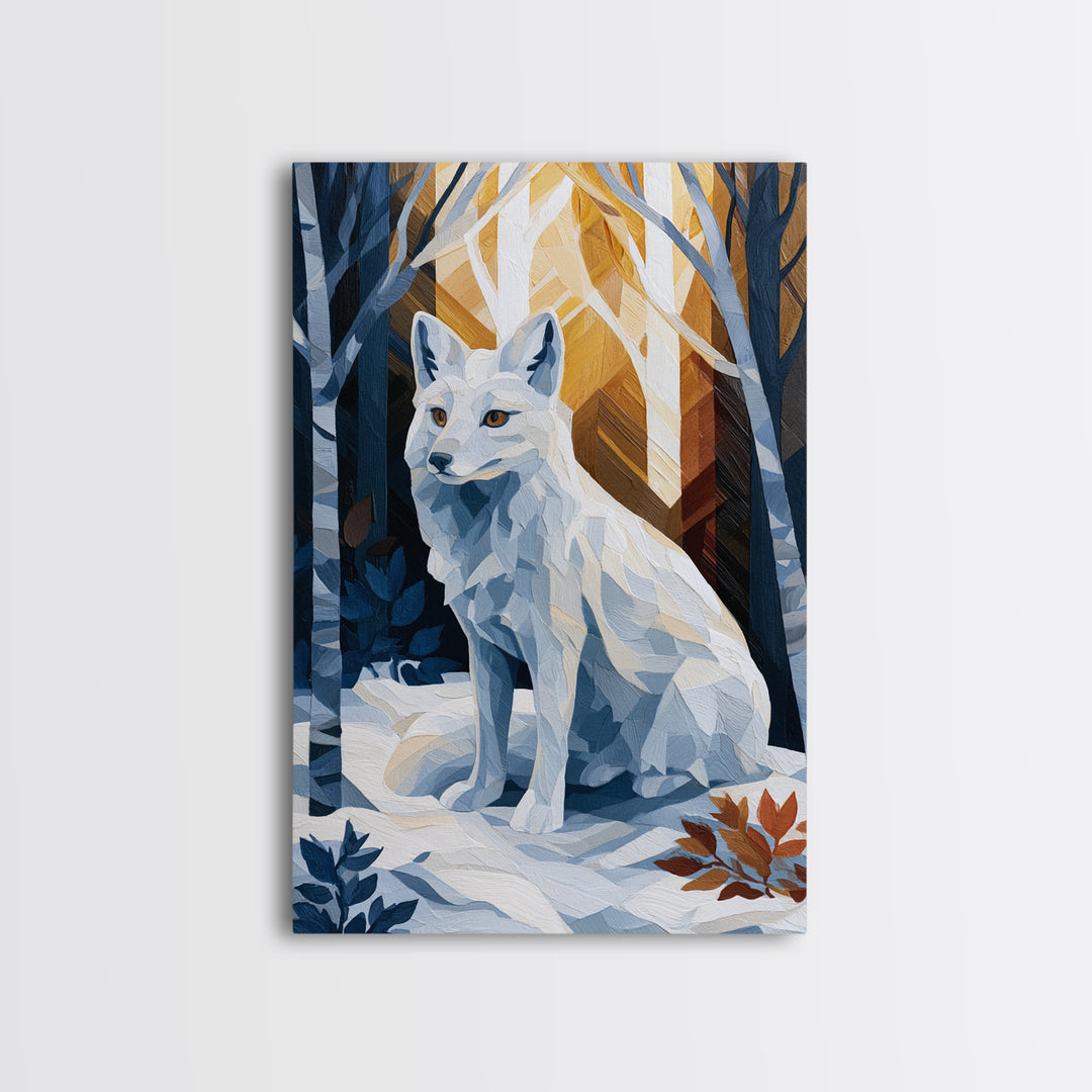 White Fox in Quiet Snow Framed Canvas Print, Scandinavian Art, Boho Wall Decor, Living Room Decor, Oil Painting, Nordic, SCA-2x3-20