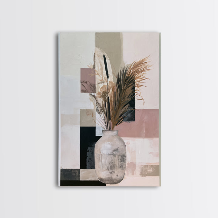 Ceramic Vase with Dried Grasses Framed Canvas Print, Scandinavian Art, Abstract Art, Living Room Decor, Oil Painting, Nordic, SCA-2x3-21