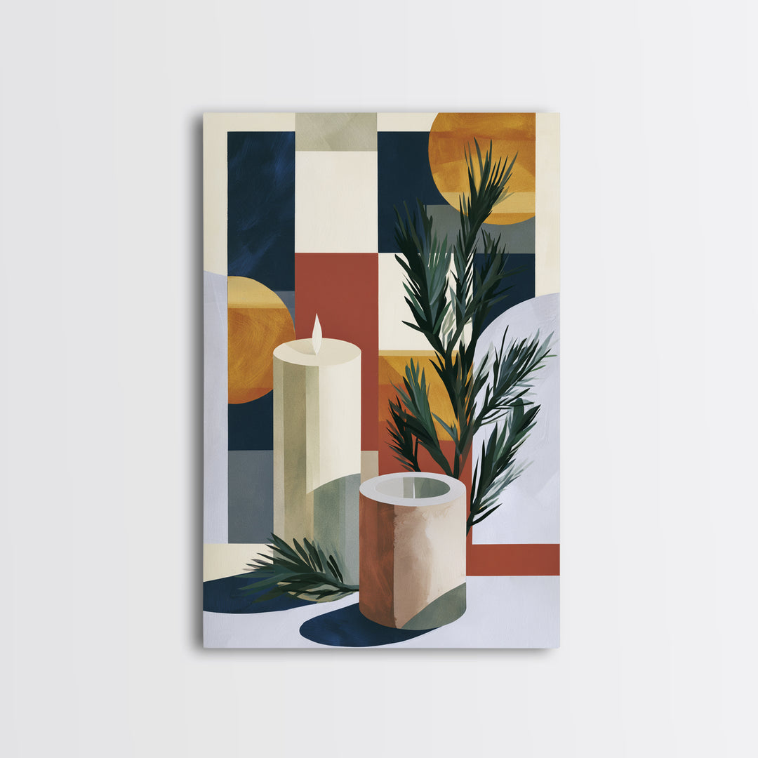 Hygge Candle and Pine Branch Still Life Framed Canvas Print, Scandinavian Art, Textured Painting, Living Room Decor, Nordic, SCA-2x3-36
